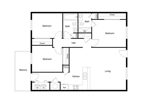 Three Bedroom Two Bathroom Floor Plan C1 1082 SF